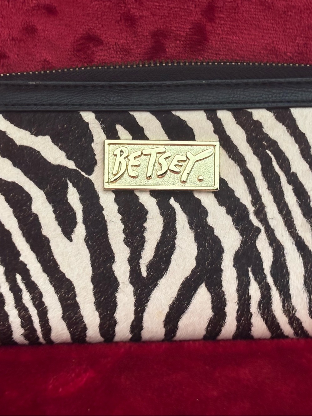 Betsey Johnson Black & White Zebra Print Clutch with Gold Plaque